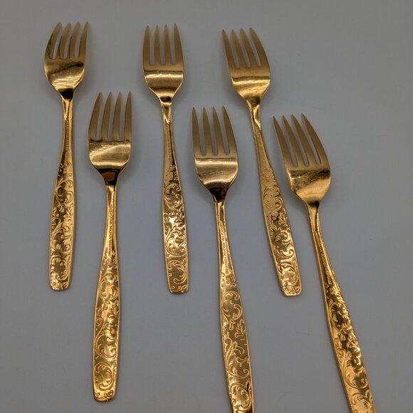 Americana Golden Heritage Flatware Golden Scroll 6 Dinner Forks 6.75" Vintage - Picture 6 of 14